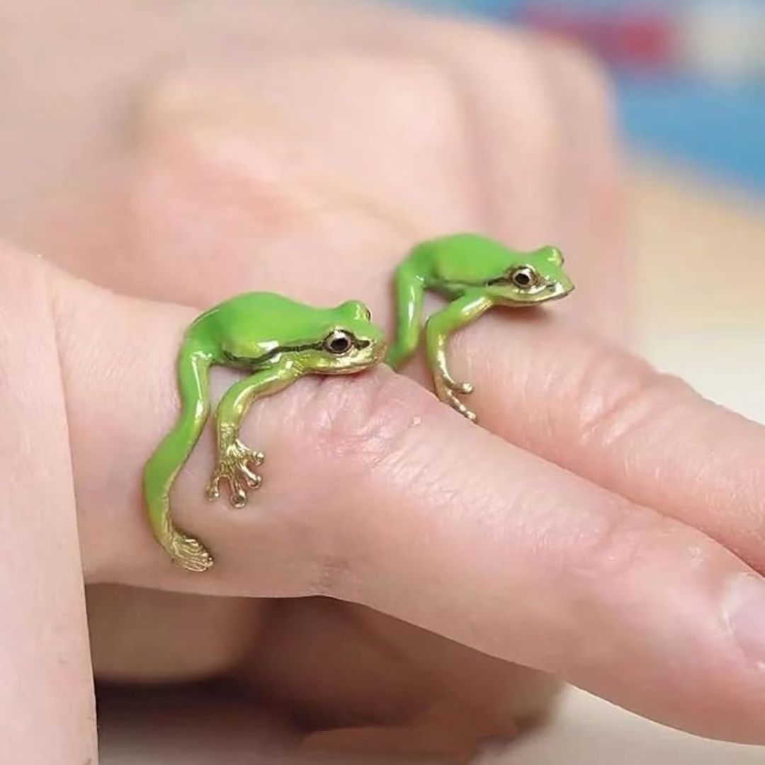 Two green frog rings on a person's finger with a blurred background