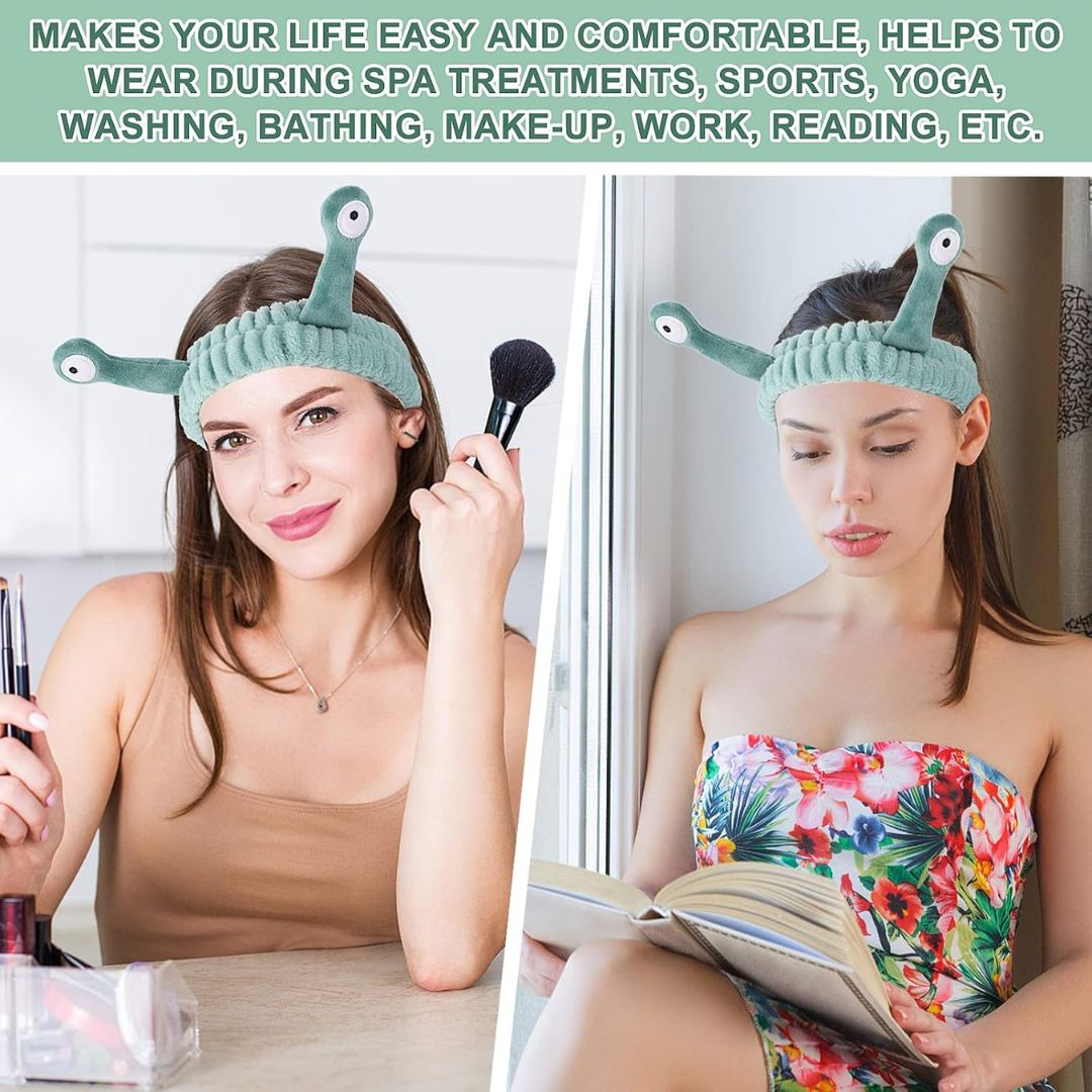 Women wearing cute snail spa headbands while doing makeup and reading during self care routines