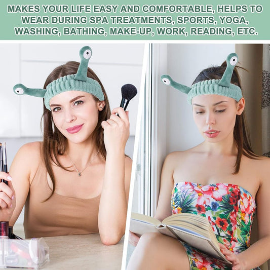 Women wearing cute snail spa headbands while doing makeup and reading during self care routines
