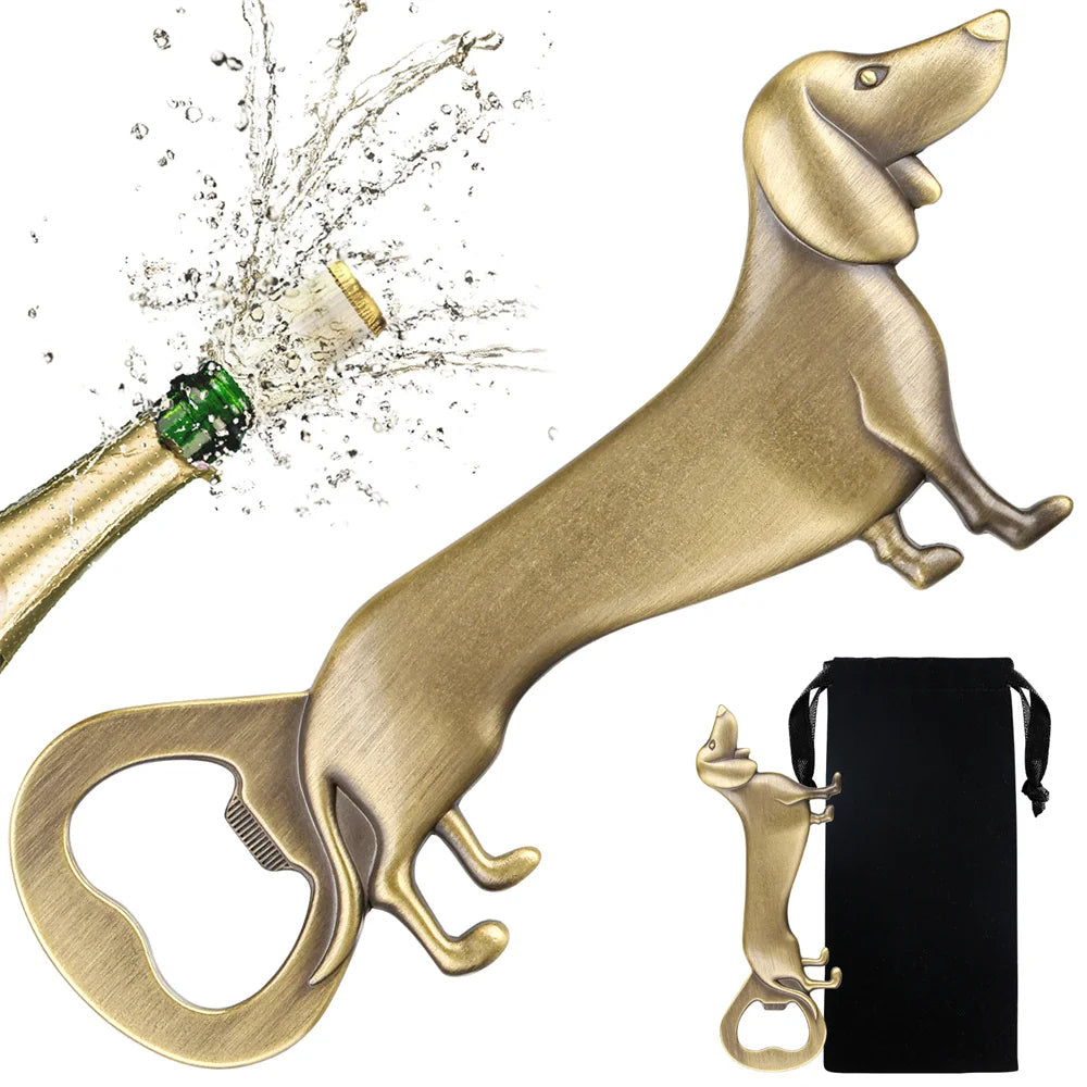 A bronze dachshund-shaped bottle opener with a black pouch, shown opening a bottle with liquid splashing out.