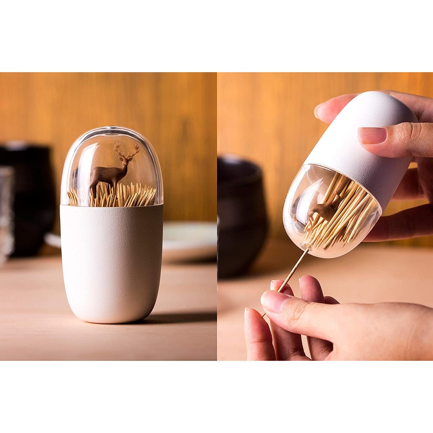 A collage of two images which shows a toothpick holder which looks like a brown deer is hiding in a field of wheat.