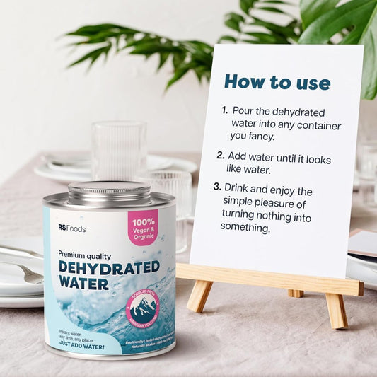 Can of RS Foods dehydrated water with usage instructions on a table.