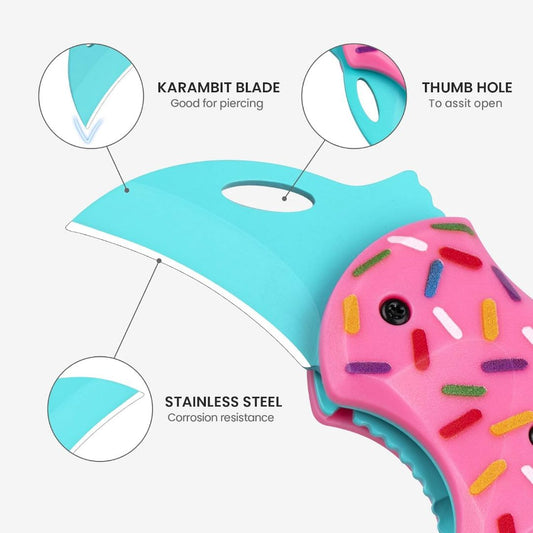 Pink donut-themed folding pocket knife with turquoise karambit-style stainless steel blade, thumb hole and colorful sprinkle design