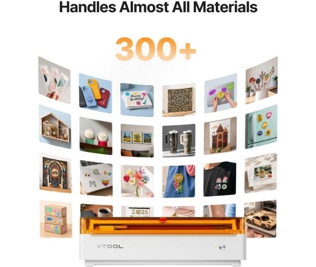 A collage of images with text that reads, 'Handles almost all materials 300+' in regard to a DIY laser engraver