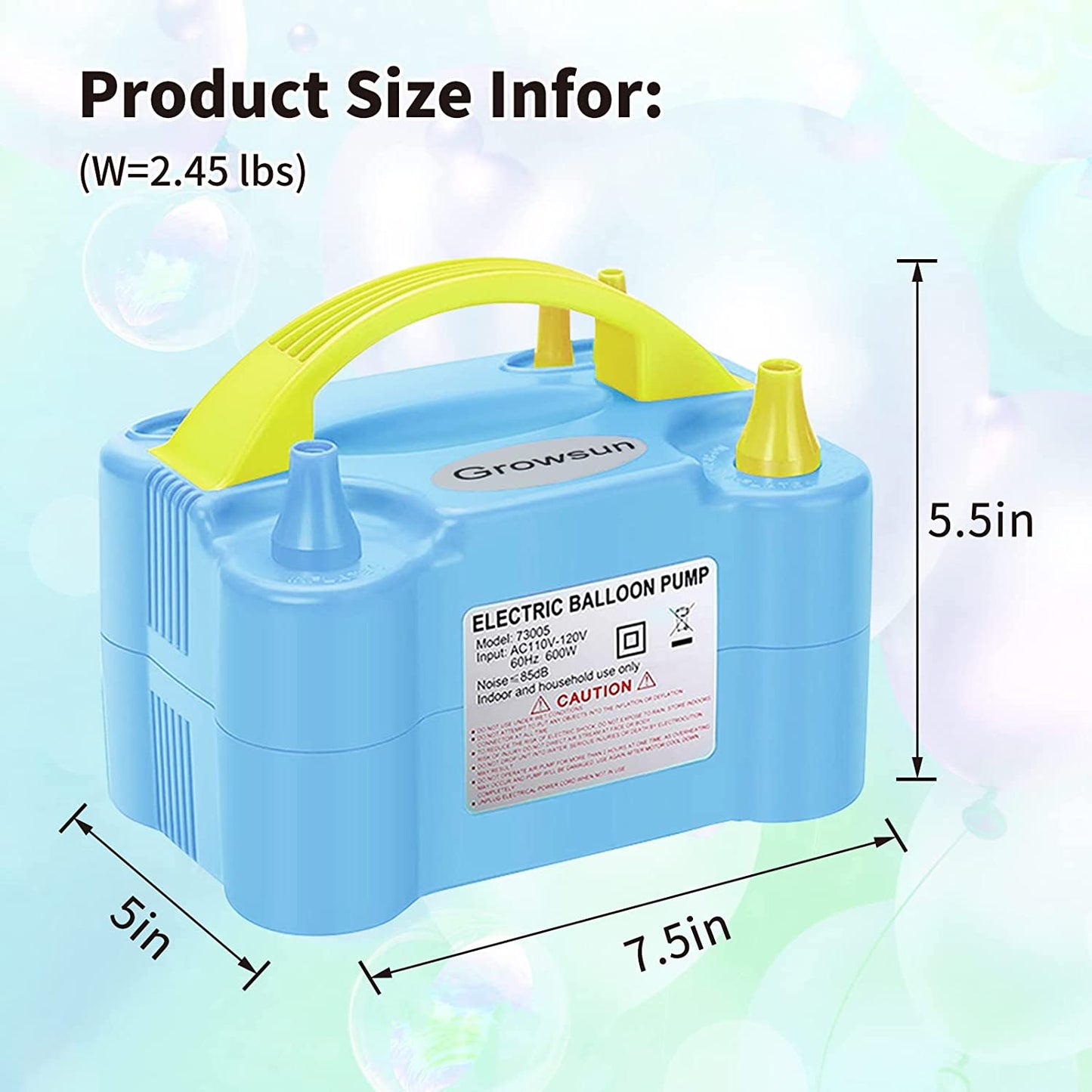 Size dimensions for an electric balloon pump for blowing up balloons.