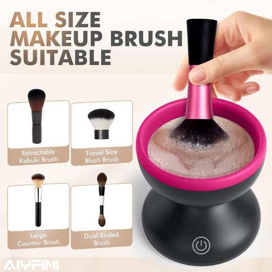An electric makeup brush cleaner showing different makeup brushes that the device can clean