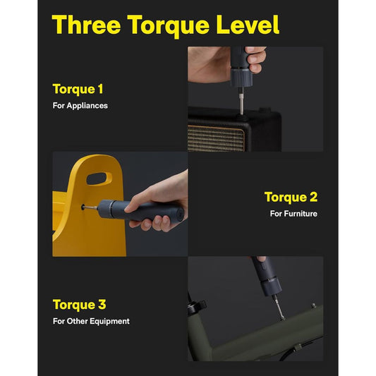 Electric screwdriver demonstrating three adjustable torque levels for appliances, furniture and other equipment