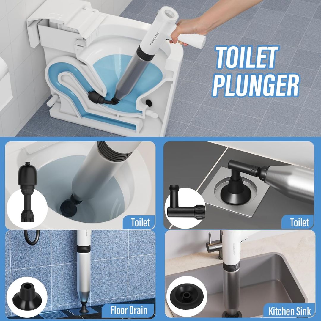 An electric toilet plunger being used in various scenarios