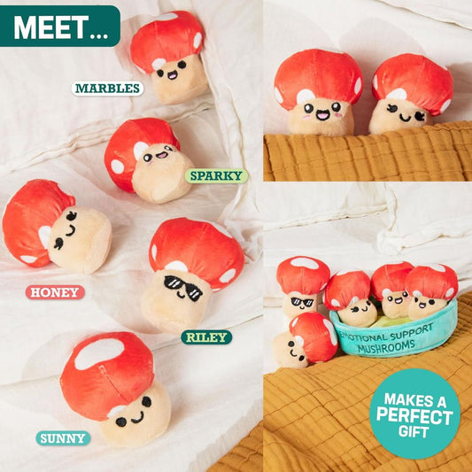 Collage of cute mushroom-shaped plush toys with names and text on a white background.