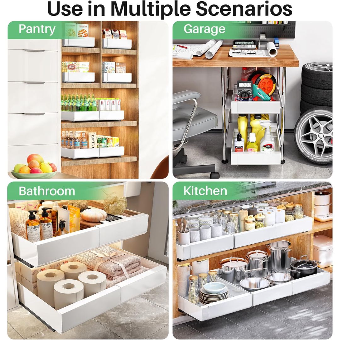 White expandable pull out cabinet organizers in various scenarios
