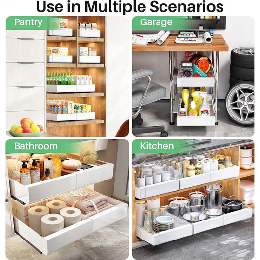White expandable pull out cabinet organizers in various scenarios