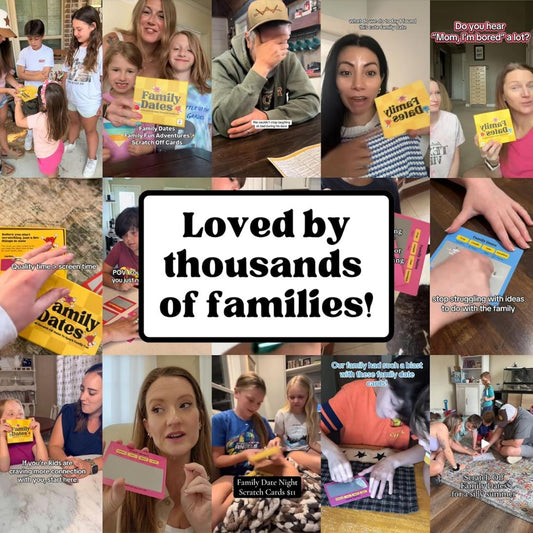 Collage of people holding 'Family Dates' game box and scratch-off cards with text 'Loved by thousands of families!'.