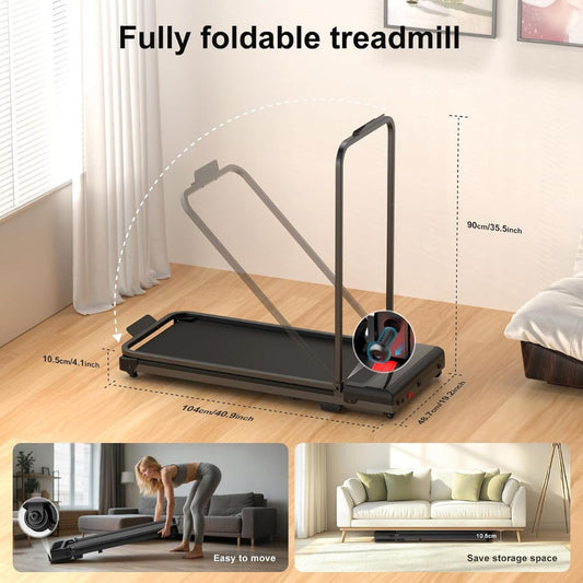 An under desk foldable walking pad showing how the treadmill can easily fold up with two insert images showing that its easy to move and how it saves storage space.