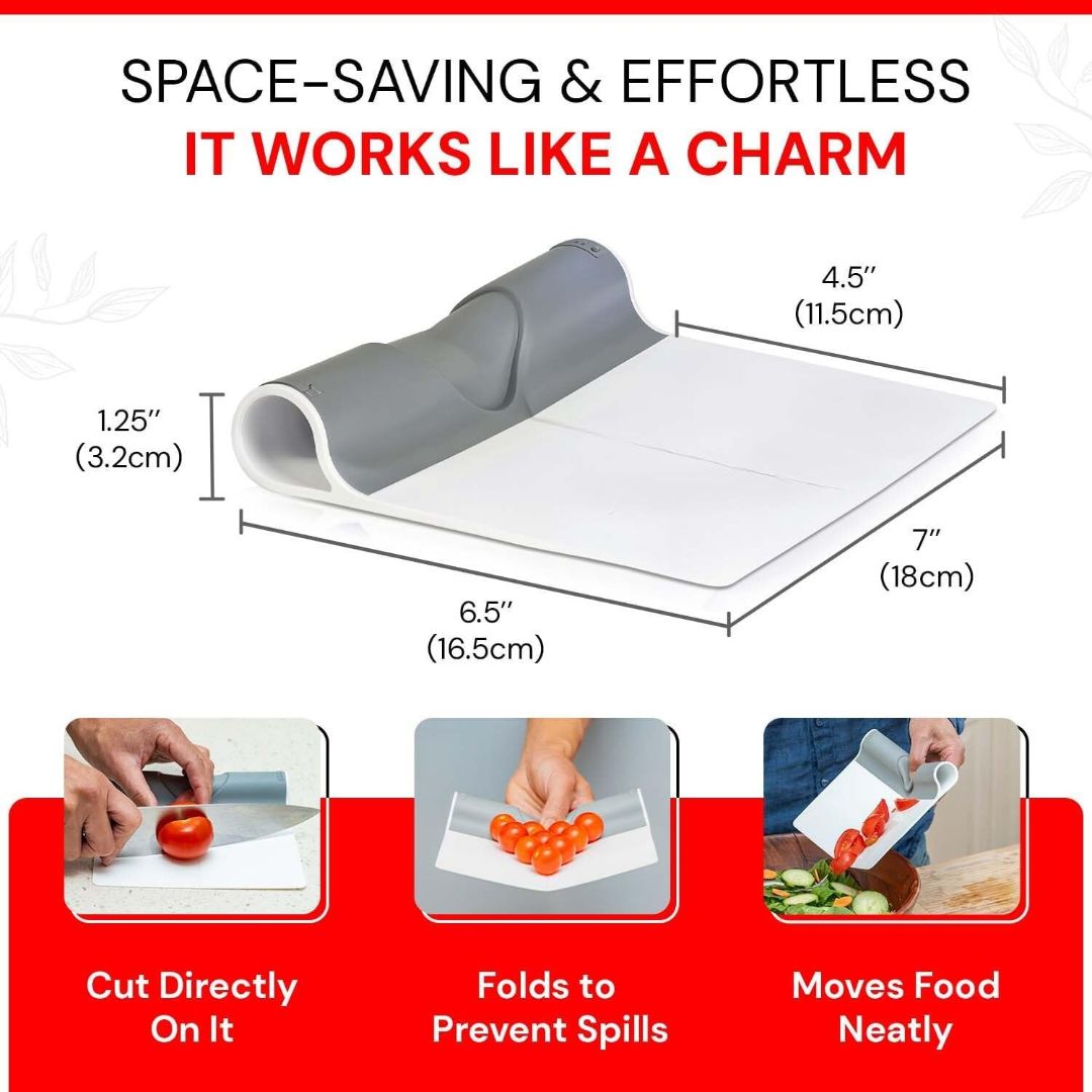 Foldable kitchen food scooper and bench scraper showing compact dimensions, spill-preventing sides and easy food transfer