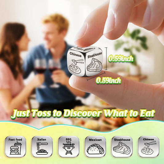Food decision dice with food icons and text 'Just Toss to Discover What to Eat' held by a hand with a blurred background of people dining.