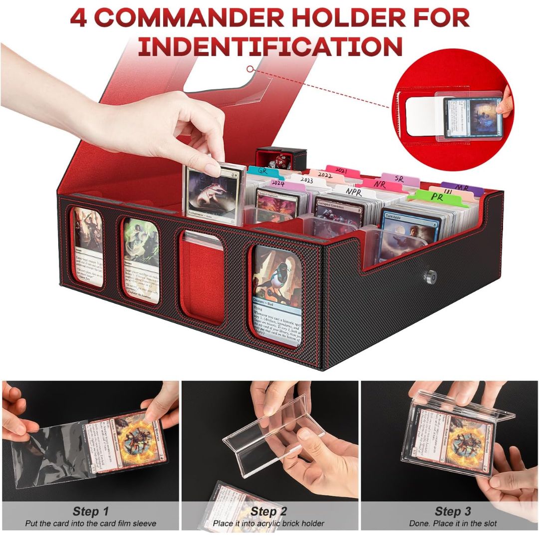 A black textured acrylic card holder with red interior lining and multiple slots, shown with a hand inserting a card. The image includes large text reading '4 COMMANDER HOLDER FOR INDENTIFICATION' and three small step panels at the bottom showing how to place a card into a sleeve and holder.