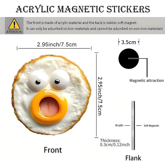 Dimensions and sizing for a funny egg shaped fridge magnet with eyes, mouth and a shocked expression.