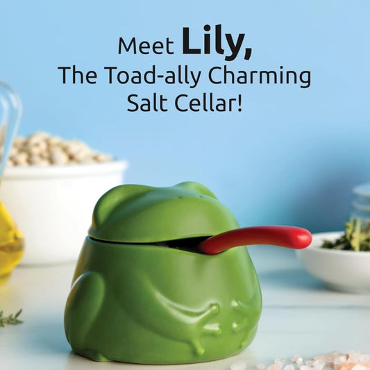 A green frog-shaped salt cellar with a red spoon handle, shown on a light surface with text reading 'Meet Lily, The Toad-ally Charming Salt Cellar!' against a soft blue background.