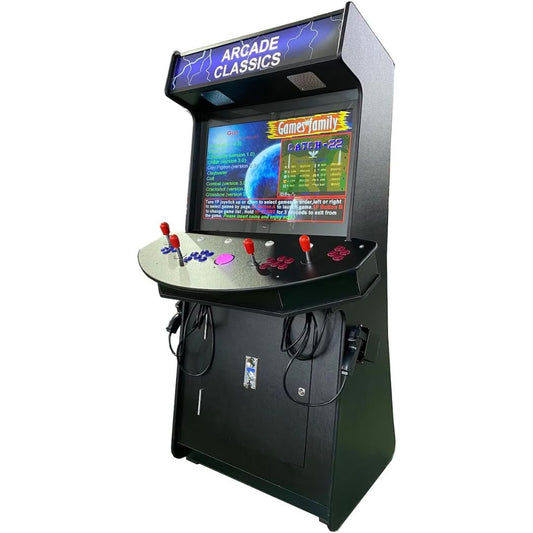A freestanding arcade machine cabinet with a black exterior, curved silver counter, four red joysticks, a colorful lit screen, and an 'Arcade Classics' marquee. The cabinet stands on a white background.
