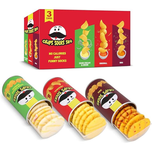 Set of 'Chips Socks' packaging with three cans of novelty socks on a white background
