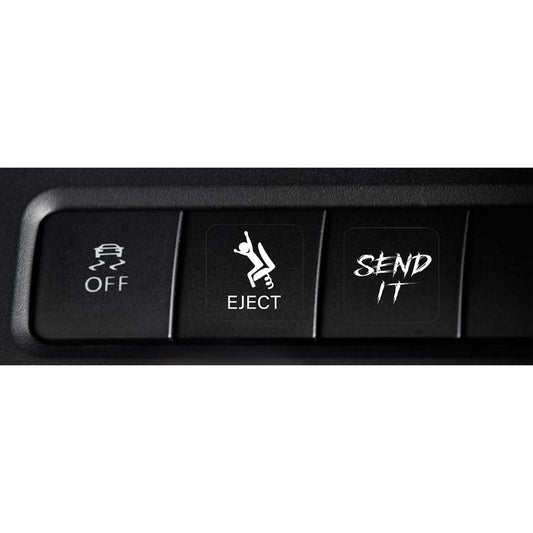 Close-up of car buttons with three buttons labeled OFF, EJECT, and SEND IT, shown against a white background.