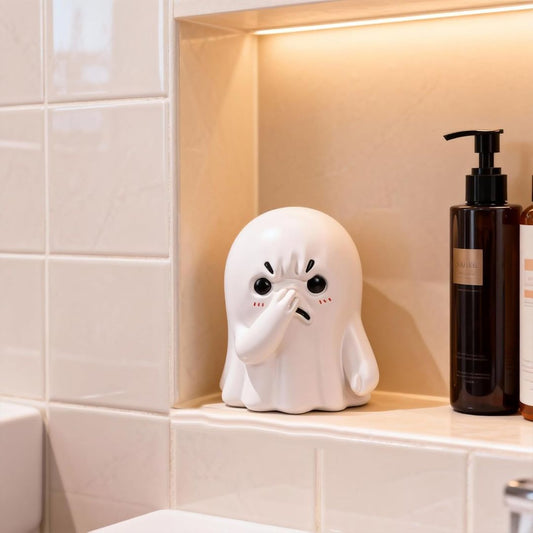 Funny white ghost figurine holding its nose on a bathroom shelf.