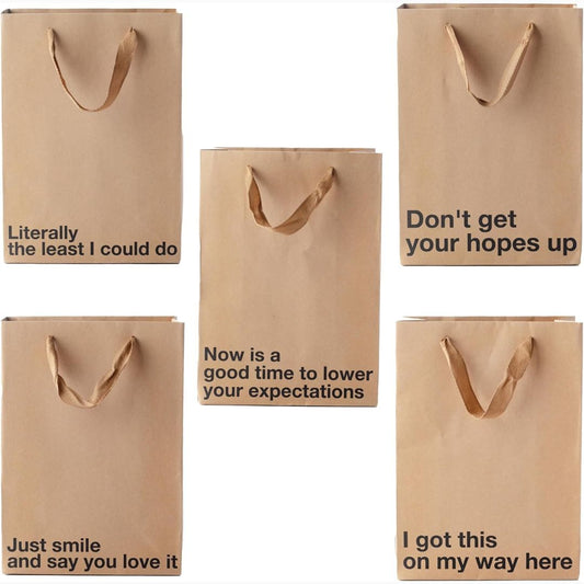 Five brown paper bags with humorous text on a white background