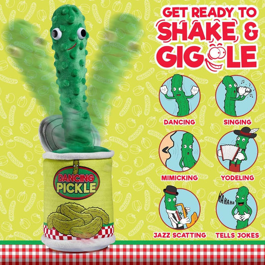 Features of the dancing pickle toy which shakes and giggles