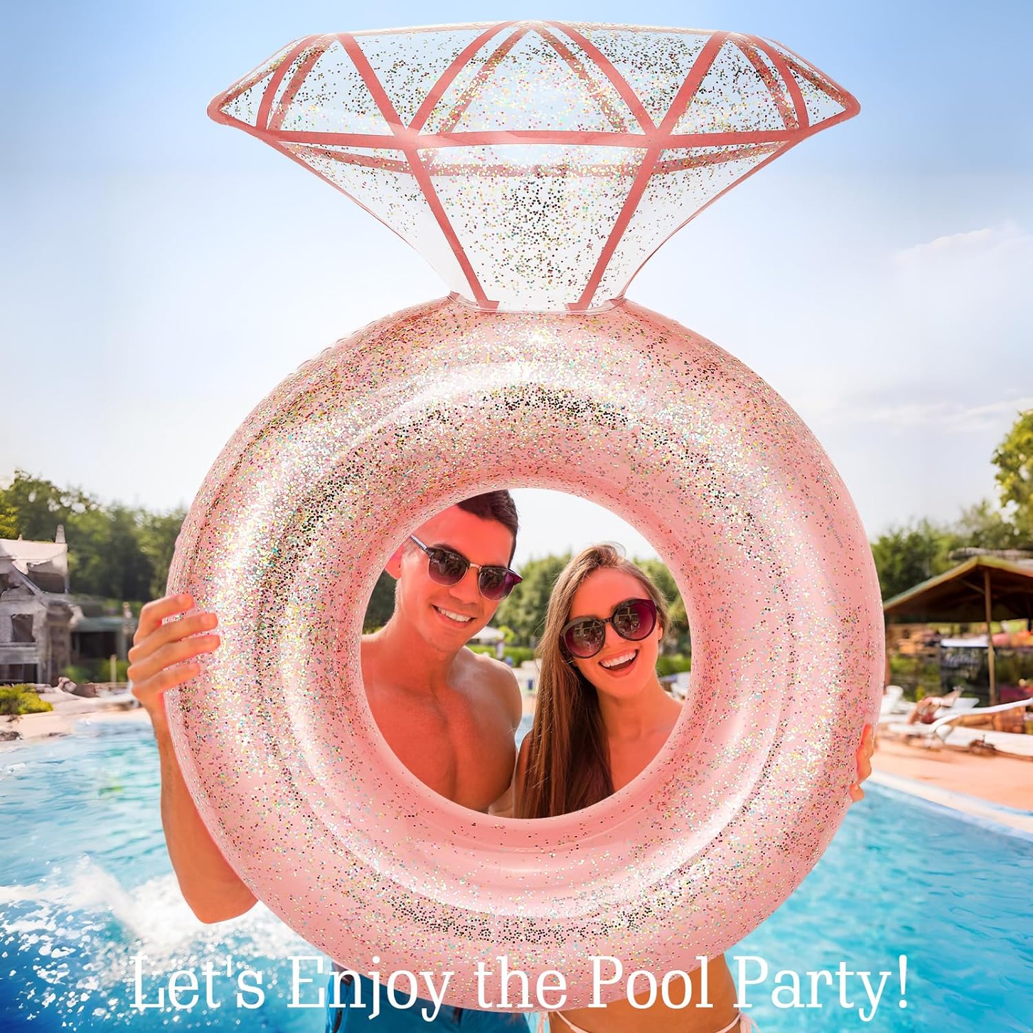 A giant pink inflatable pool float shaped like a diamond ring..