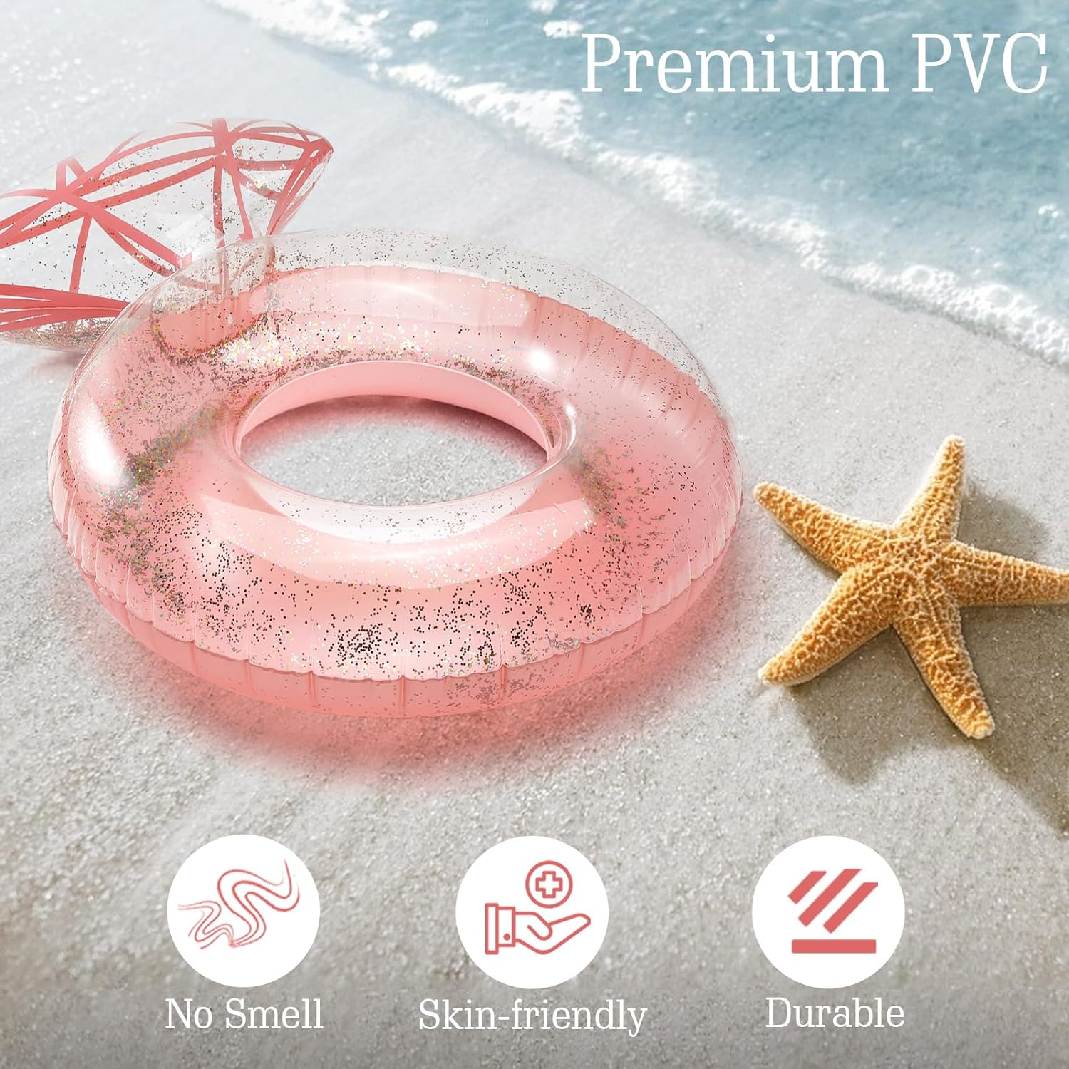 A giant pink inflatable pool float shaped like a diamond ring..