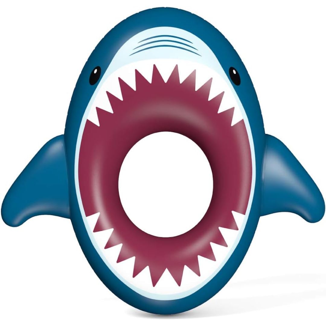 Inflatable shark pool toy with a large mouth on a white background