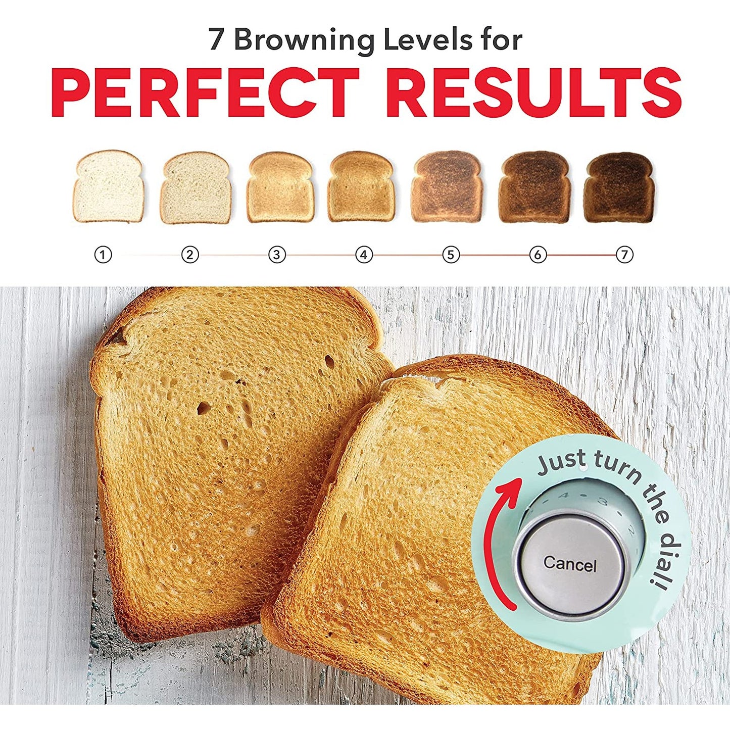 Two pieces of toast with a headline which reads, '7 browning levels for perfect results.'