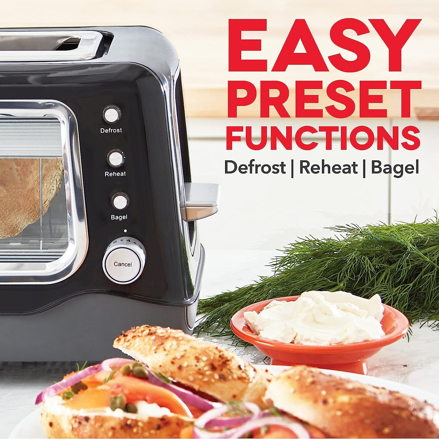 A black toaster with a glass window plus some toasted bagels. The headline reads, 'Easy preset functions, defrost, reheat, bagel.'