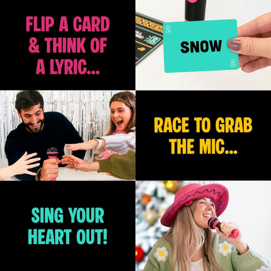A 2x2 promotional collage for a karaoke party game. The top-left panel shows pink text reading 'FLIP A CARD & THINK OF A LYRIC.