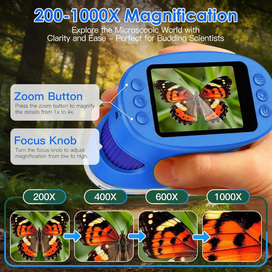 Blue 4K handheld digital microscope showing 200X to 1000X magnification with zoom and focus controls