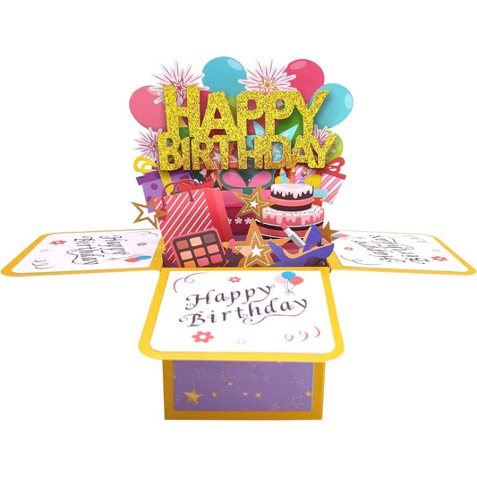 Pop-up birthday card with colorful balloons, cake, and gift box on a white background