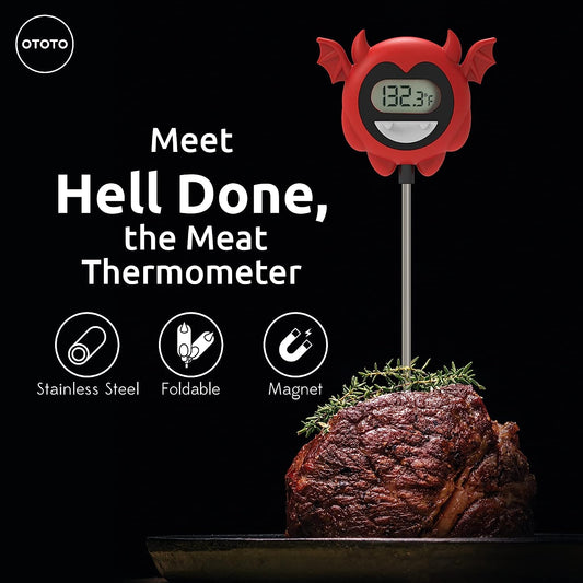 A Hell Done meat thermometer is placed into a large piece of meat to check the temperature.