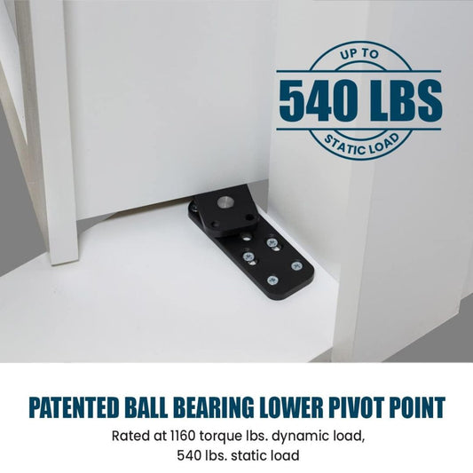 A black metal ball bearing lower pivot point bracket shown installed under a white cabinet corner, with text stating 'UP TO 540 LBS STATIC LOAD' and additional product details below.