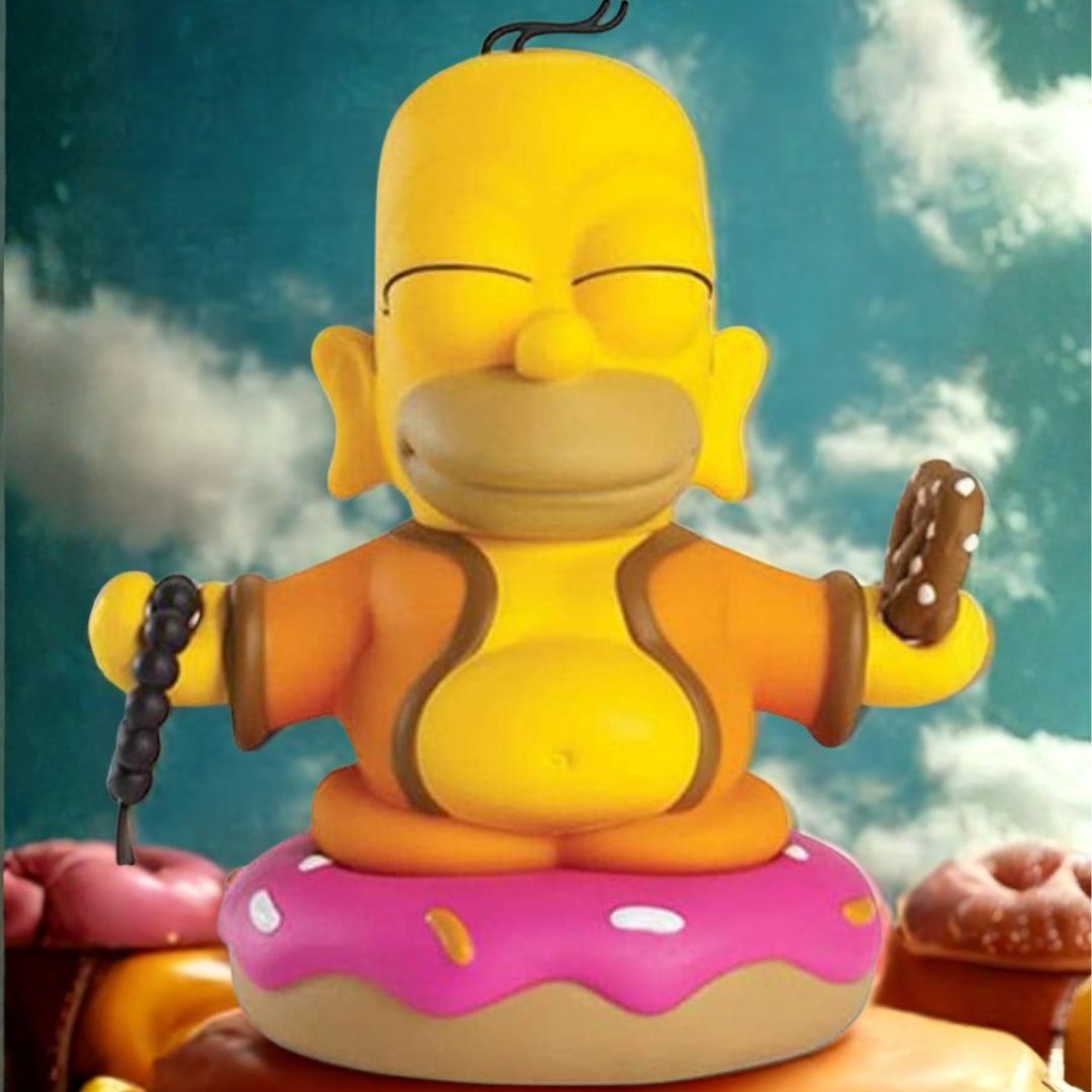 Homer Simpson figurine sitting on a donut in a zen relaxed state with a blue sky background