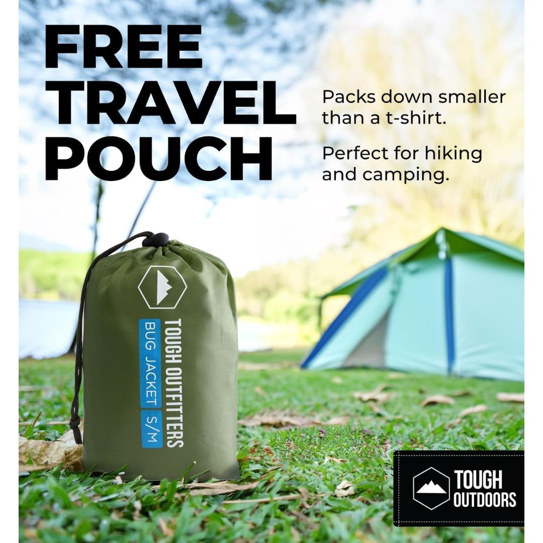 An olive green drawstring bag labeled 'TOUGH OUTDOORS BUG JACKET S/M' standing on grass in front of a blurred camping tent, with large text reading 'FREE TRAVEL POUCH' and smaller marketing copy.