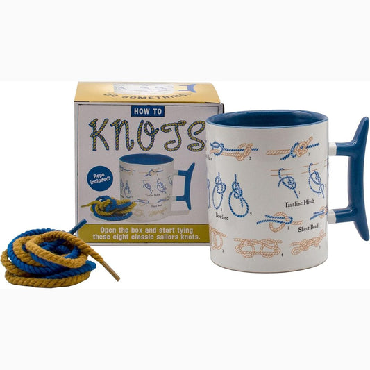 Mug with nautical knot designs and packaging labeled 'How to Knots' on a white background