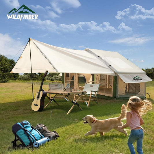 Camping scene with a tent, outdoor furniture, and a dog and person playing in a field.