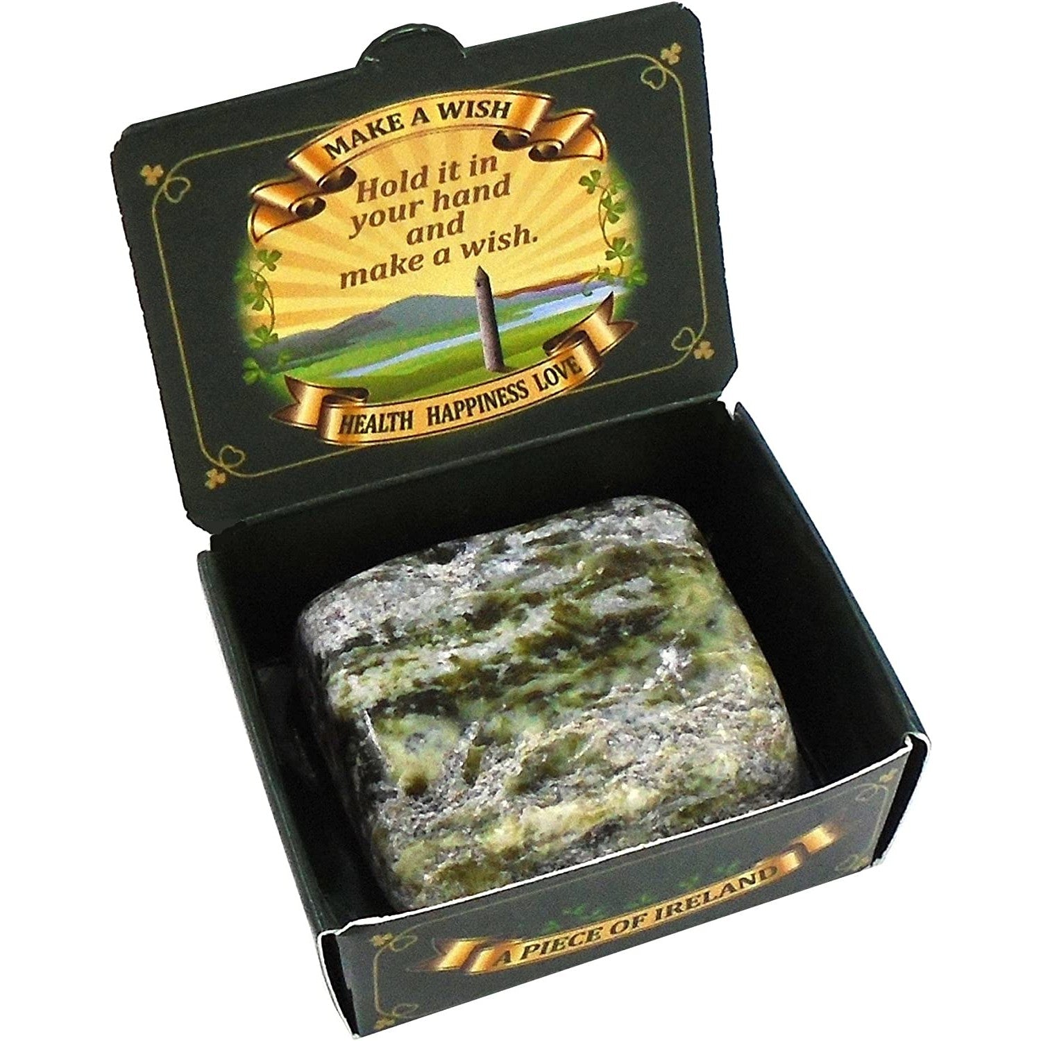 An Irish wishing stone in a gift box. The lid has some text which says, 'Make a wish, hold it in your hand and make a wish. Health, Happiness, Love.'