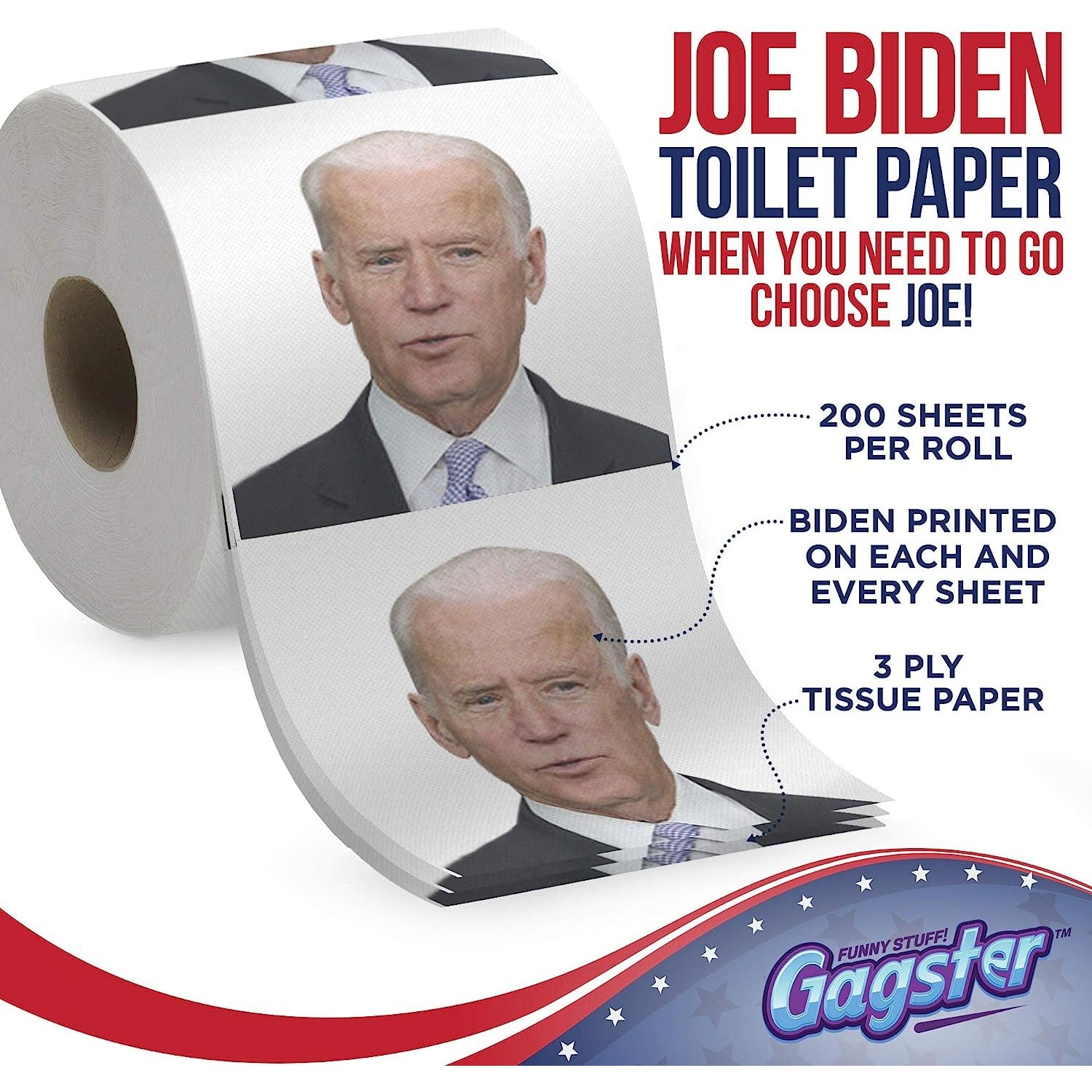 A roll of toilet paper with Joe Biden's face printed on it. The text reads, 'Joe Biden Toilet paper when you need to go choose Joe.'