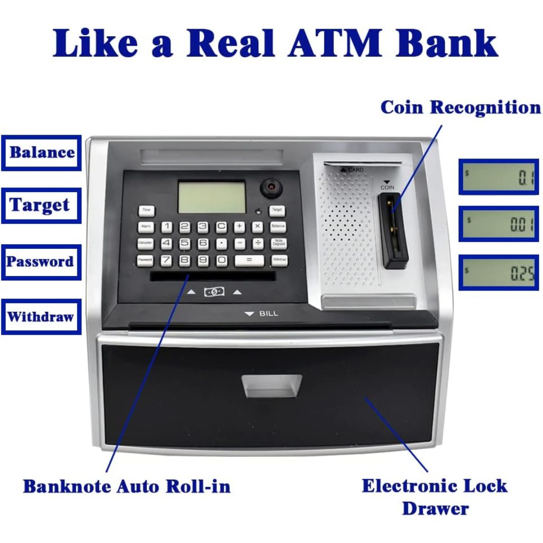 ATM-style cash savings ATM dispenser and lockbox machine with labeled callouts including Balance, Target, Password, Withdraw, Coin Recognition, Banknote Auto Roll-in, and Electronic Lock Drawer, on a white background.