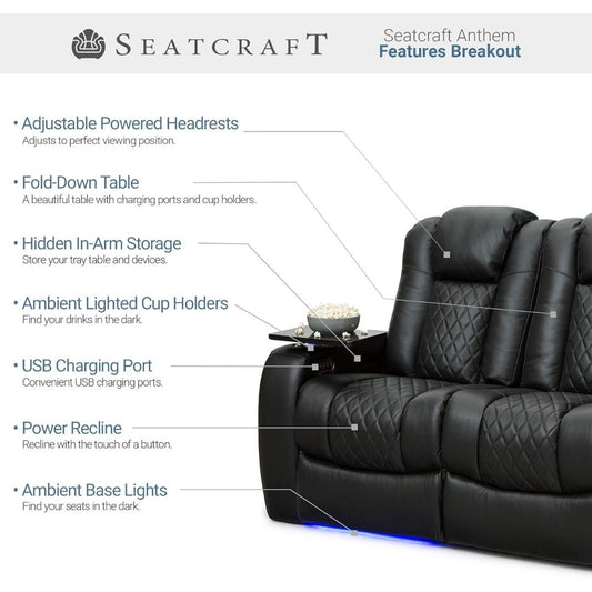 A black quilted leather reclining sofa with callout lines and text listing features such as adjustable powered headrests, a fold-down table, hidden in-arm storage, ambient lighted cup holders, USB charging port, power recline, and ambient base lights. The Seatcraft logo appears at the top.