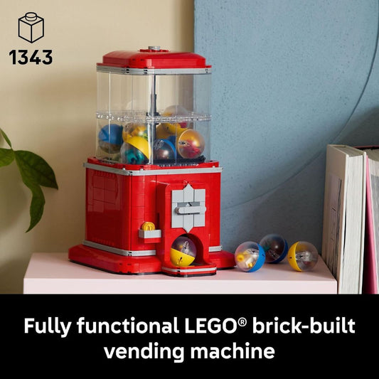 Fully functional LEGO brick-built red vending machine filled with collectible minifigure capsules