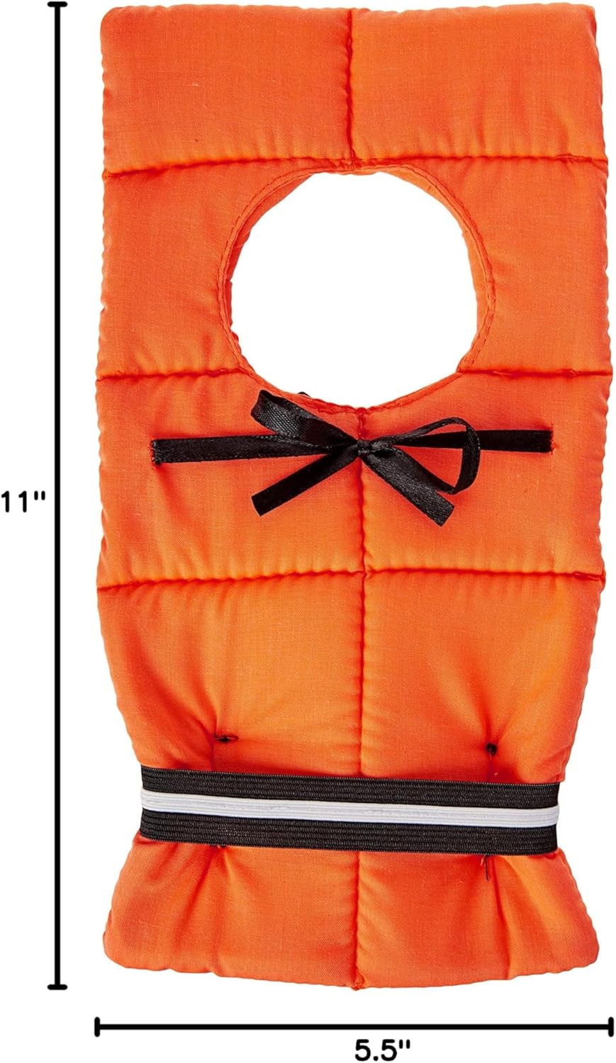 Orange wine bottle cover shaped like a life preserver vest, measuring 11 inches tall and 5.5 inches wide, with black bow and strap details.