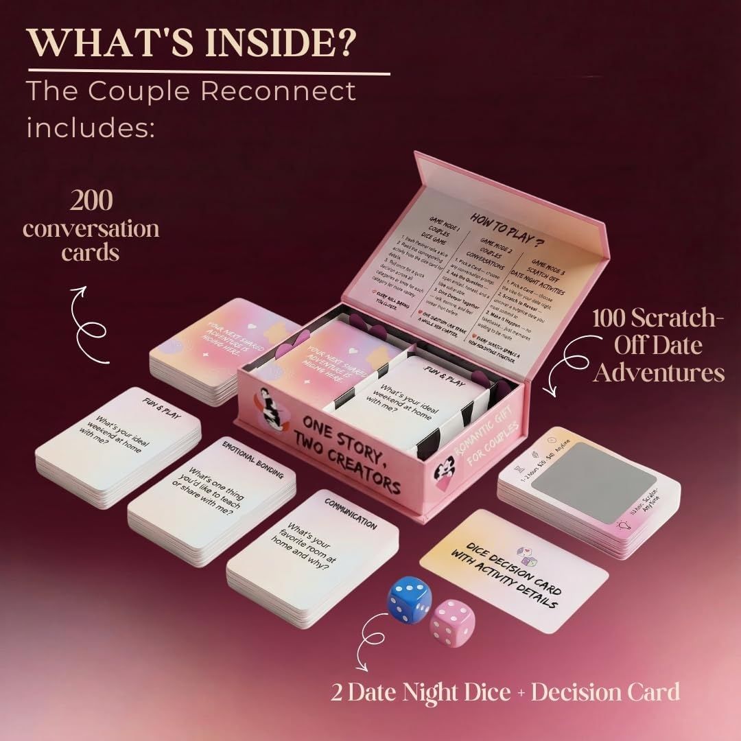 Card game set with conversation cards, scratch-off cards, and dice on a dark background