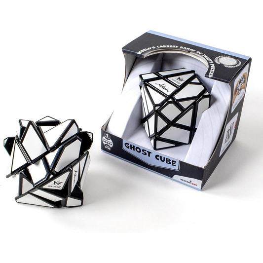 Meffertβs Ghost Cube puzzle in packaging and scrambled, featuring a black geometric design with white stickers.